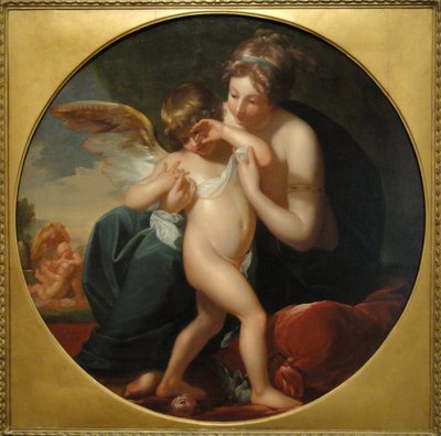 Cupido, gestoken door een bij, wordt gekoesterd door zijn moeder door Benjamin West